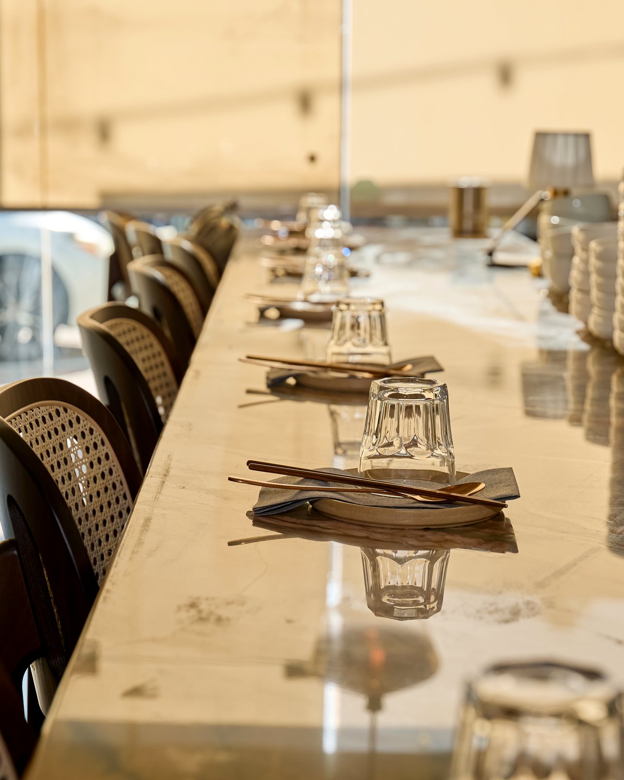 The marble table at Danbi, set for dinner